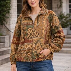 BonWorth Vintage Geometric Zip Up Jacket Womens Small Petite Earthy Boho